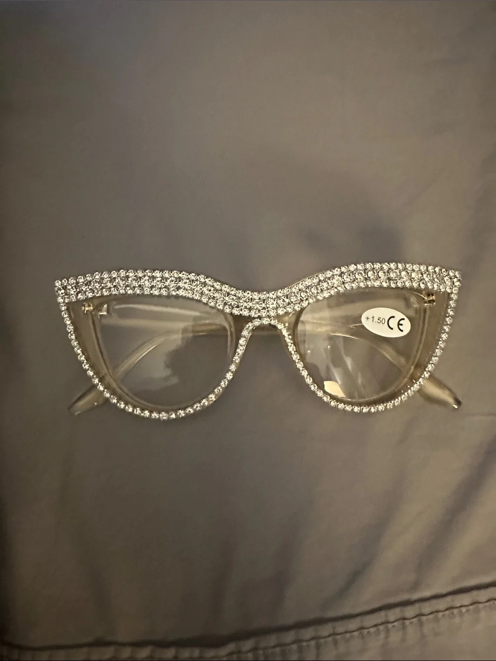 Crystal Embellished Clear Cat Eye Glasses - ClearReading glasses 1.50